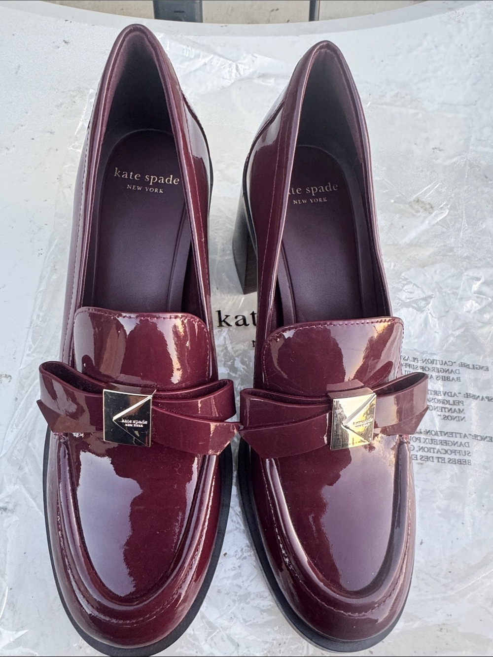 kate spade Burgundy Patent Loafers with Gold Accent